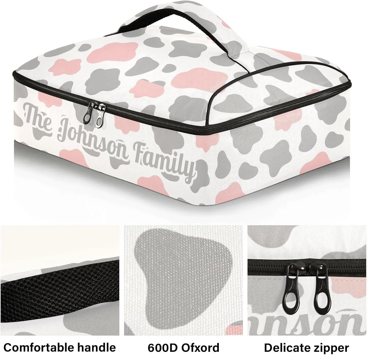 Cow Pink Gray Custom Casserole Carrier Bag for Hot or Cold Food Personalized Insulated Food Dish Bag Tote for Beach Camping