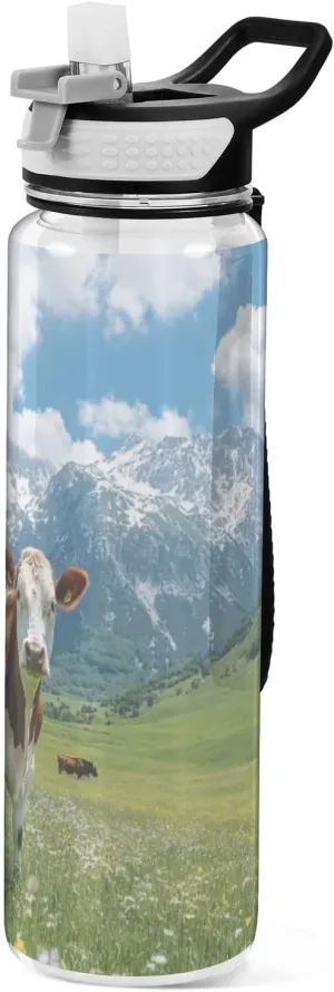 Cows on The Grassland 32 oz Water Bottle - Clear Tritan, BPA-Free, LeakProof with Carry Strap for Sports, Gym & Outdoor Activities