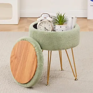Cplxroc Footrest Footstools Round Faux Fur Ottoman with Storage Space Soft Vanity Chair Seat Coffee Table Ottoman Small Side Table with Adjustable Footings (Green)