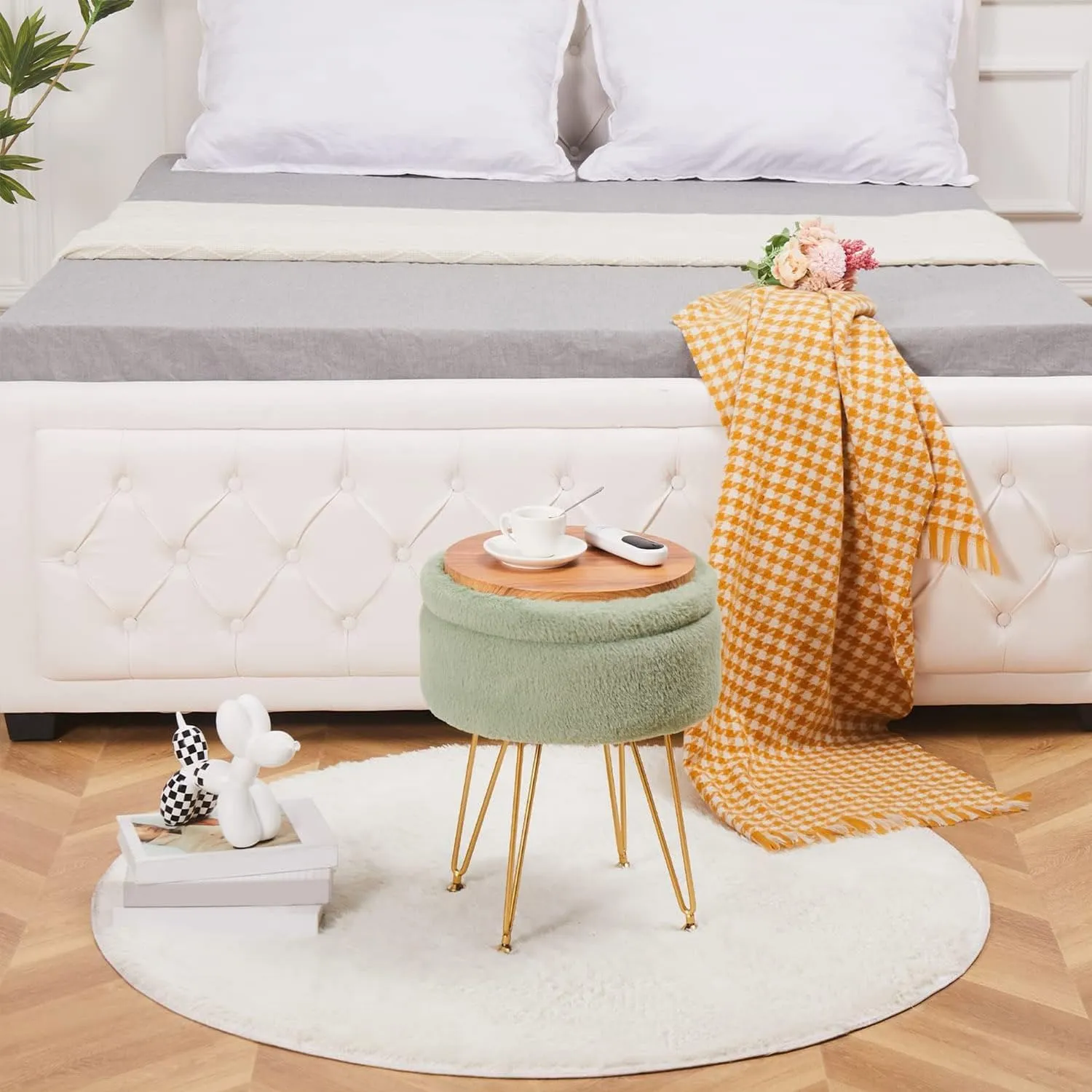 Cplxroc Footrest Footstools Round Faux Fur Ottoman with Storage Space Soft Vanity Chair Seat Coffee Table Ottoman Small Side Table with Adjustable Footings (Green)