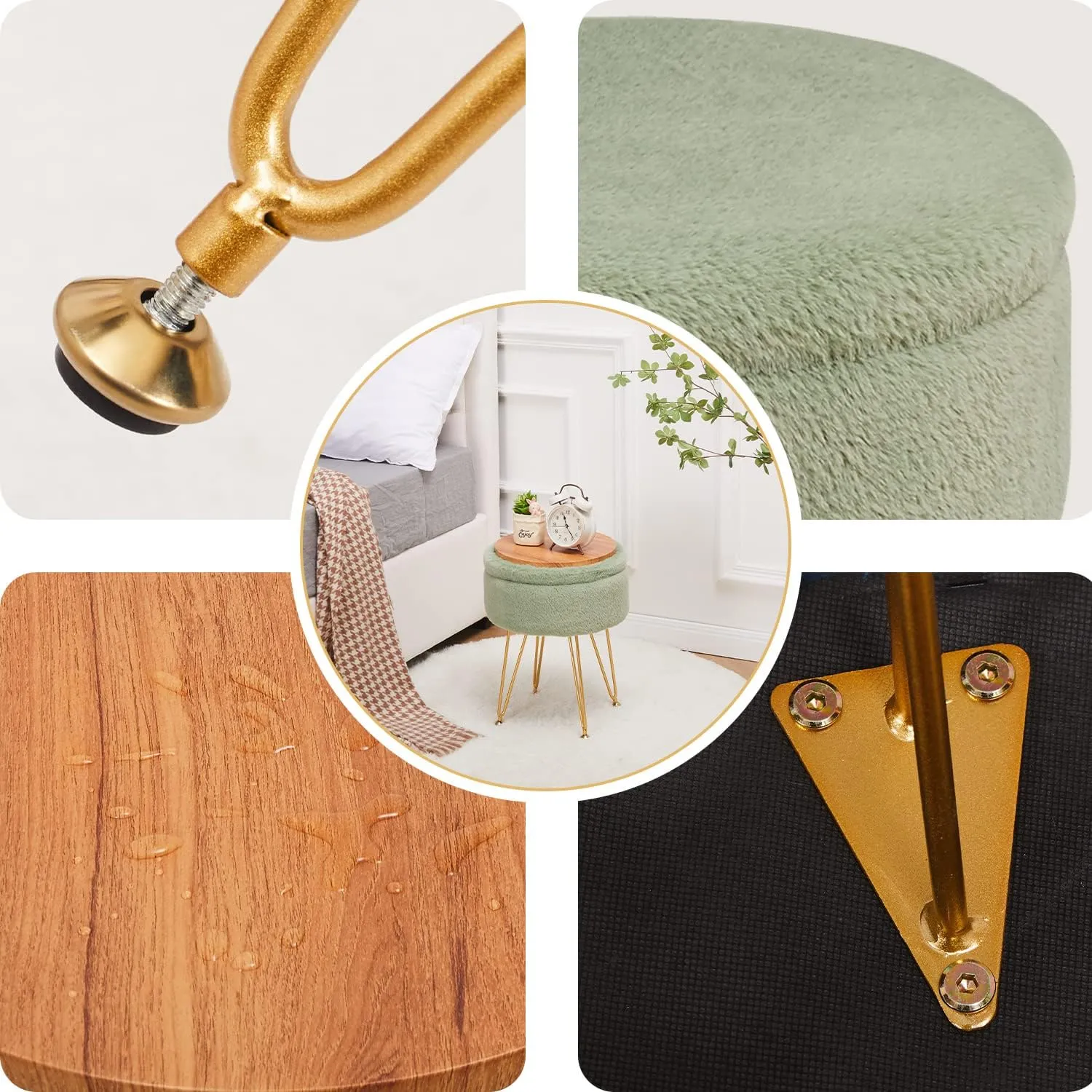 Cplxroc Footrest Footstools Round Faux Fur Ottoman with Storage Space Soft Vanity Chair Seat Coffee Table Ottoman Small Side Table with Adjustable Footings (Green)
