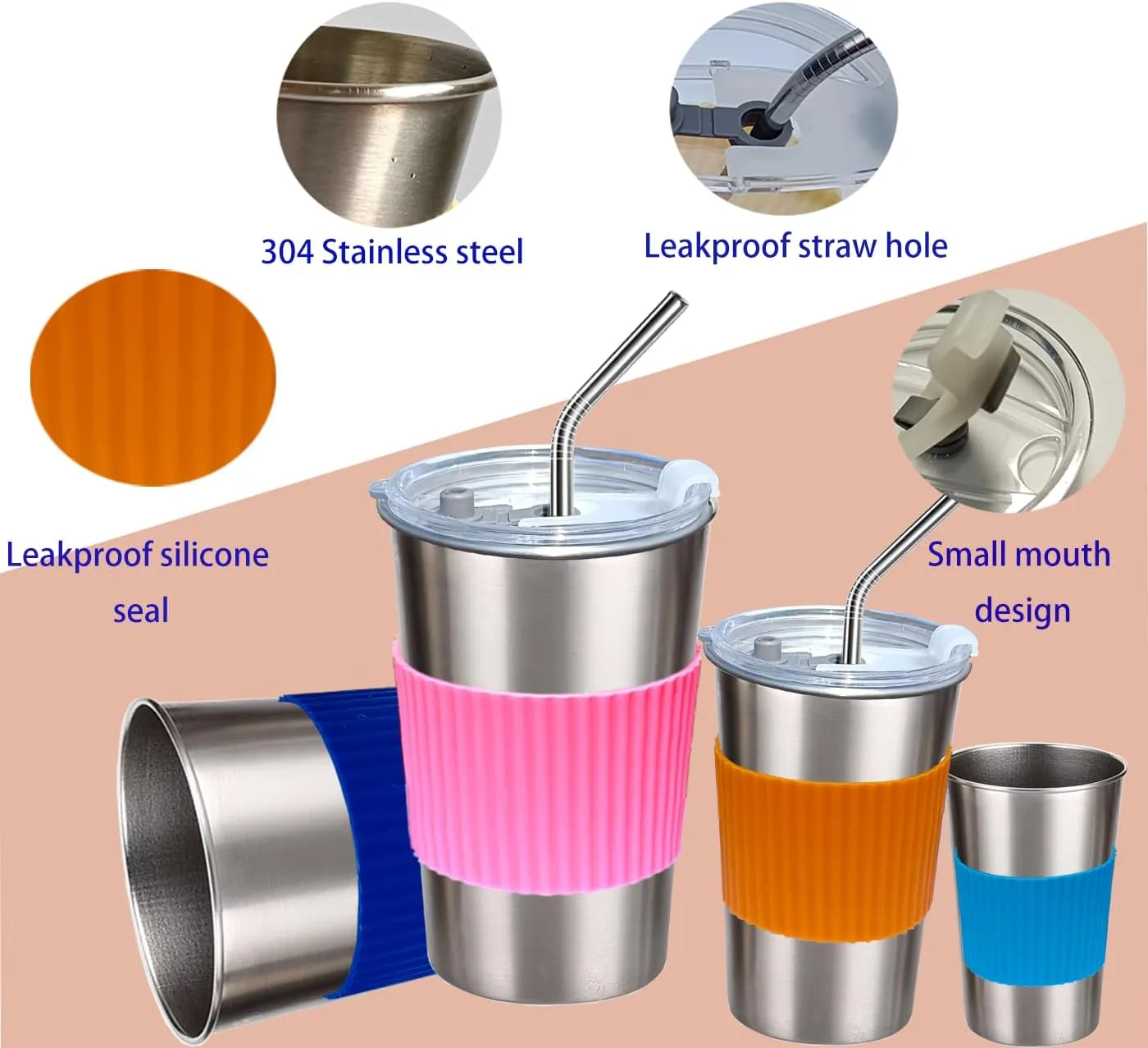 Cups with Lids and Straws, 17oz 4 Pack Reusable Leakproof Stainless Steel Cups, BPA Free Unbreakable Metal Coffee/Beer/Smoothie Camping Cup(Orange&Blue&Pink&Dark Blue)