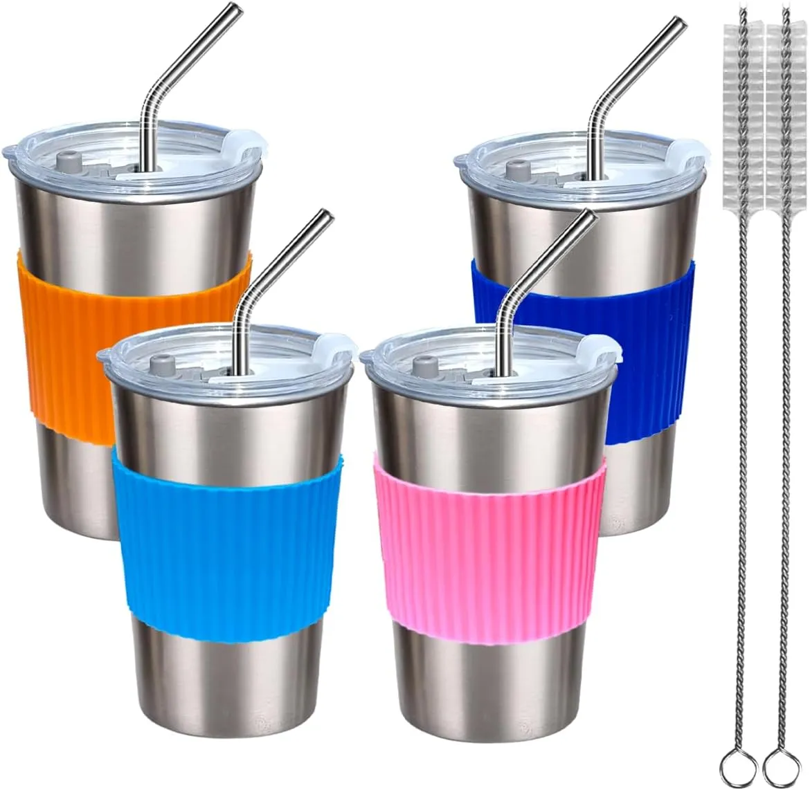 Cups with Lids and Straws, 17oz 4 Pack Reusable Leakproof Stainless Steel Cups, BPA Free Unbreakable Metal Coffee/Beer/Smoothie Camping Cup(Orange&Blue&Pink&Dark Blue)