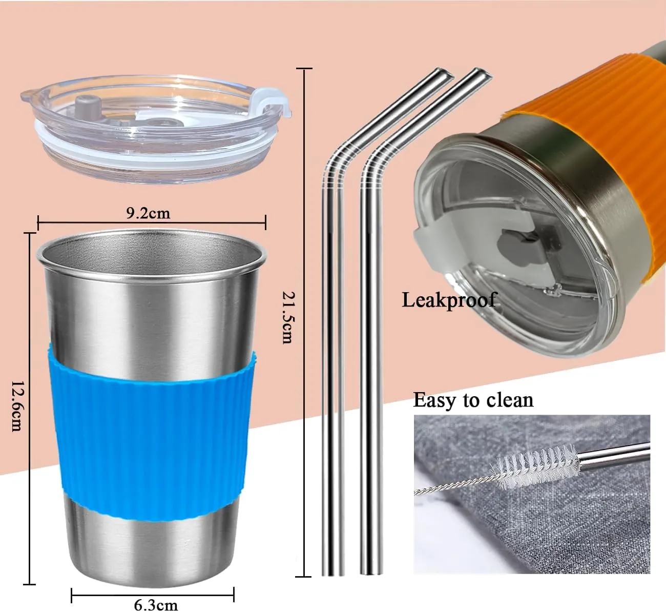 Cups with Lids and Straws, 17oz 4 Pack Reusable Leakproof Stainless Steel Cups, BPA Free Unbreakable Metal Coffee/Beer/Smoothie Camping Cup(Orange&Blue&Pink&Dark Blue)