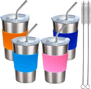 Cups with Lids and Straws, 17oz 4 Pack Reusable Leakproof Stainless Steel Cups, BPA Free Unbreakable Metal Coffee/Beer/Smoothie Camping Cup(Orange&Blue&Pink&Dark Blue)