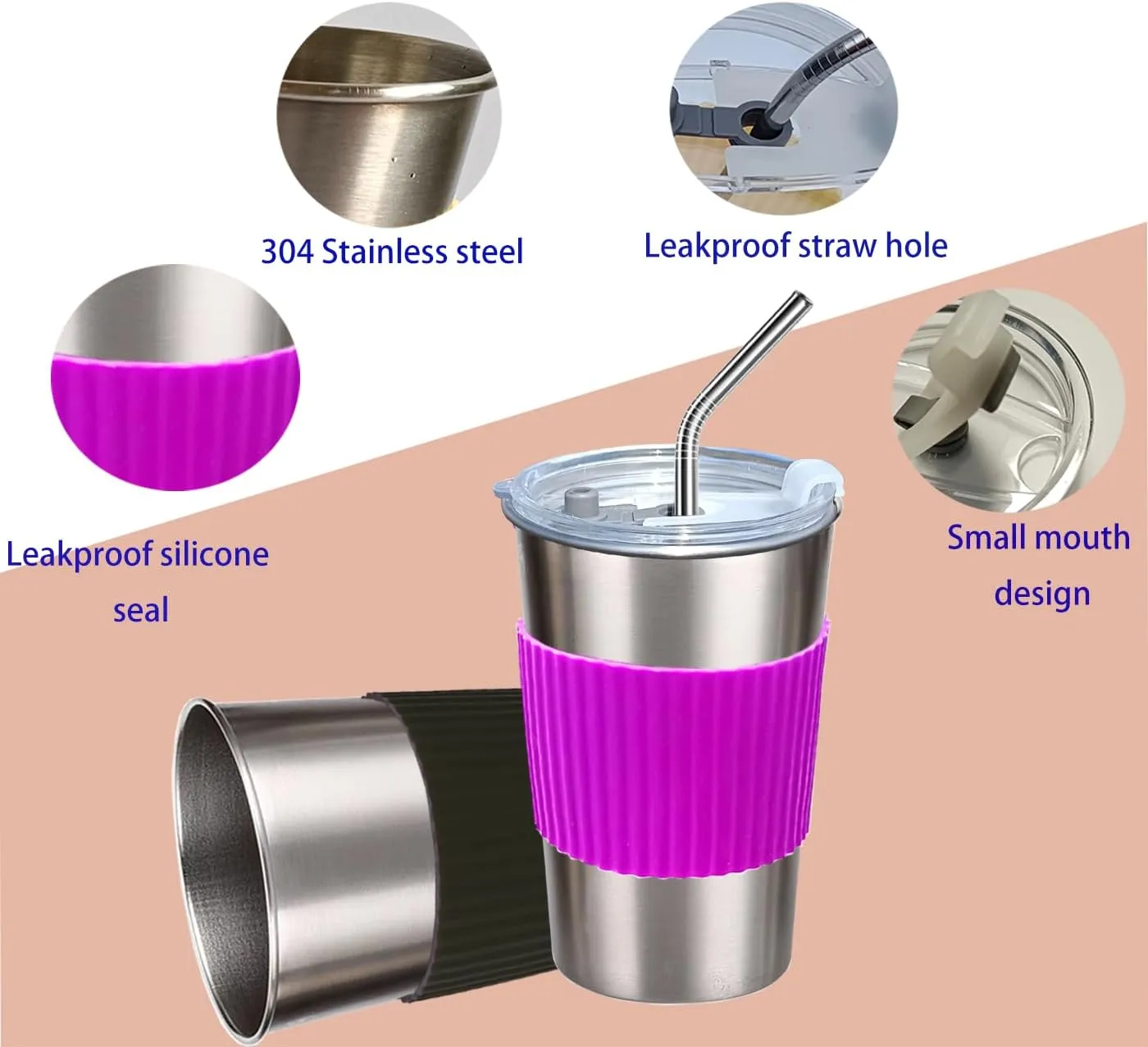 Cups with Lids and Straws, 17oz 4 Pack Reusable Leakproof Stainless Steel Cups, BPA Free Unbreakable Metal Coffee/Beer/Smoothie Camping Cup(Orange&Blue&Purple&Black)