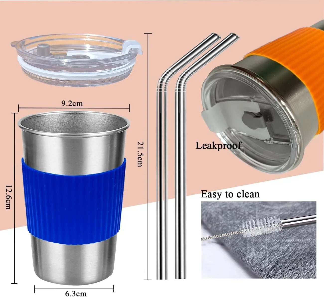 Cups with Lids and Straws, 17oz 4 Pack Reusable Leakproof Stainless Steel Cups, BPA Free Unbreakable Metal Coffee/Beer/Smoothie Camping Cup(Orange&Blue&Purple&Black)