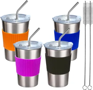 Cups with Lids and Straws, 17oz 4 Pack Reusable Leakproof Stainless Steel Cups, BPA Free Unbreakable Metal Coffee/Beer/Smoothie Camping Cup(Orange&Blue&Purple&Black)