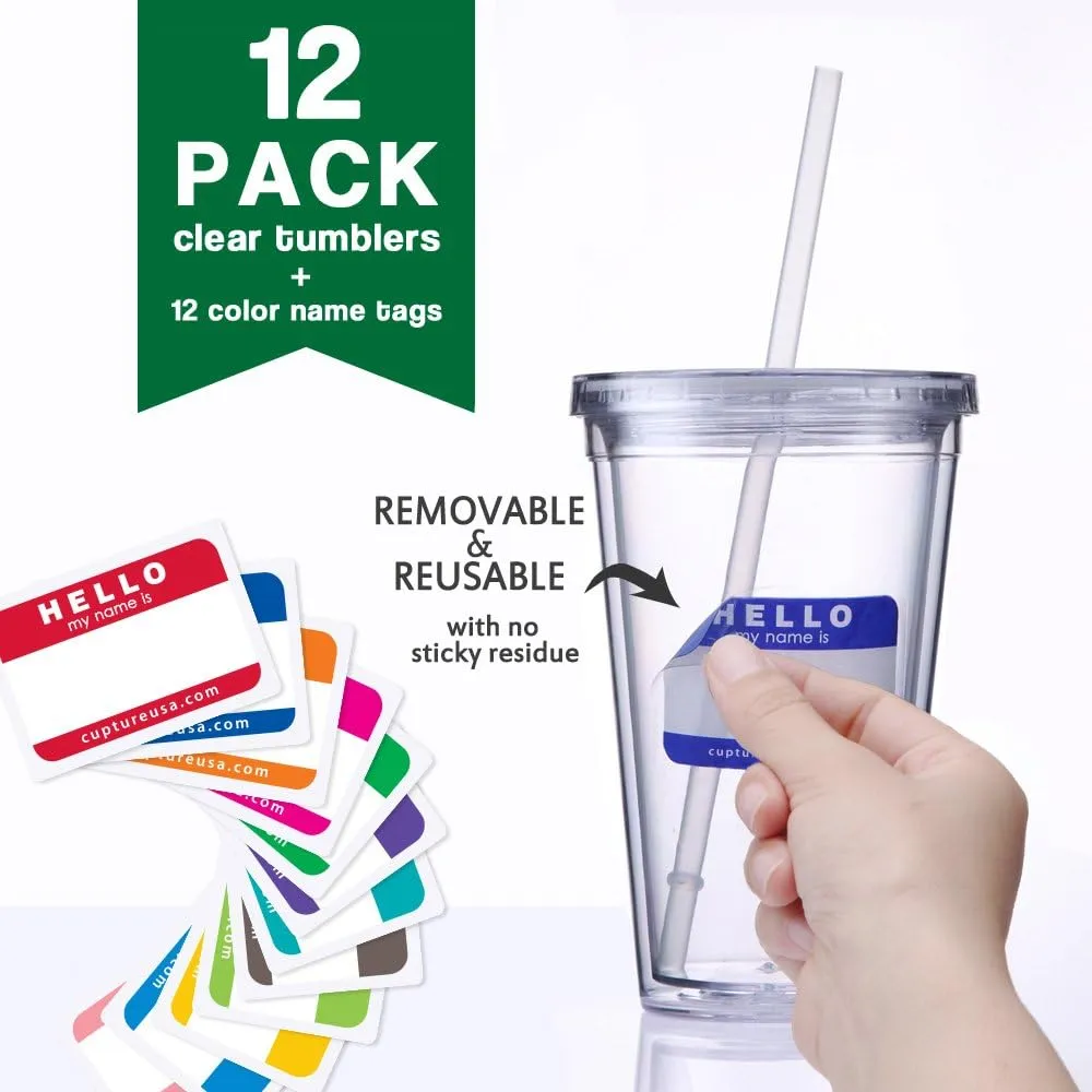 Cupture Classic 12 Insulated Double Wall Tumbler Cup with Lid, Reusable Straw & Hello Name Tags - 16 oz, Bulk Pack (Clear)