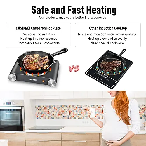 CUSIMAX Hot Plate Electric Burner Single Burner Cast Iron hot plates for cooking Portable Burner with Adjustable Temperature Control Stainless Steel Non-Slip Rubber Feet, Upgraded Version