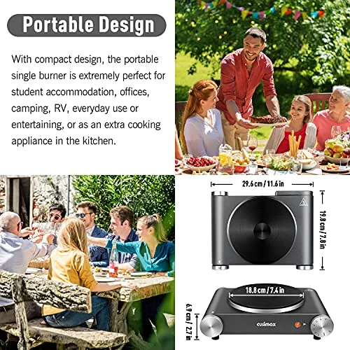 CUSIMAX Hot Plate Electric Burner Single Burner Cast Iron hot plates for cooking Portable Burner with Adjustable Temperature Control Stainless Steel Non-Slip Rubber Feet, Upgraded Version