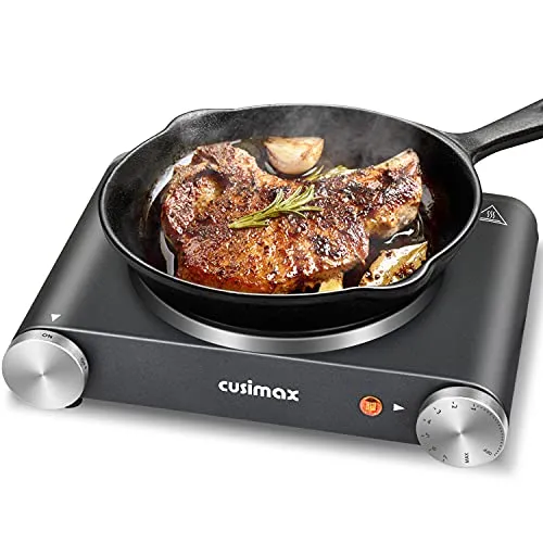 CUSIMAX Hot Plate Electric Burner Single Burner Cast Iron hot plates for cooking Portable Burner with Adjustable Temperature Control Stainless Steel Non-Slip Rubber Feet, Upgraded Version