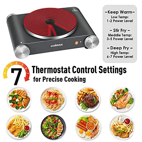 CUSIMAX Hot Plate Electric Burner Single Burner Cast Iron hot plates for cooking Portable Burner with Adjustable Temperature Control Stainless Steel Non-Slip Rubber Feet, Upgraded Version