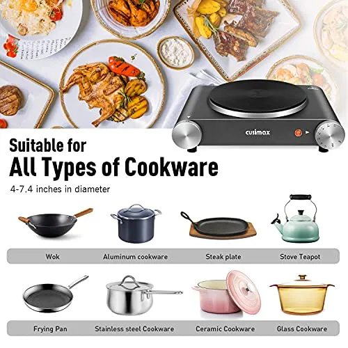 CUSIMAX Hot Plate Electric Burner Single Burner Cast Iron hot plates for cooking Portable Burner with Adjustable Temperature Control Stainless Steel Non-Slip Rubber Feet, Upgraded Version