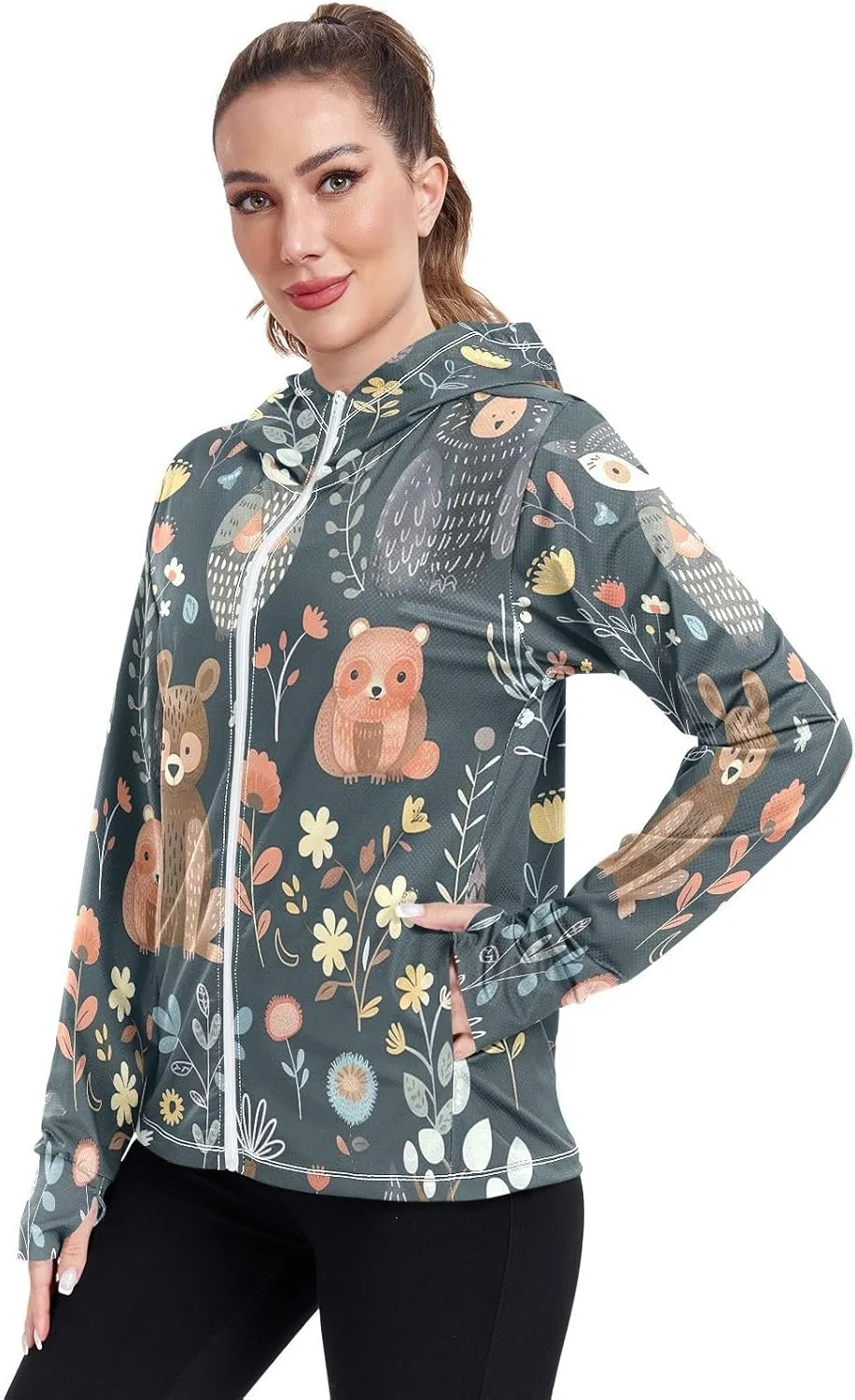 Cute Animals Owl Bear Rabbit Sun Hoodie Upf 50 , Long Sleeve Zip up Hiking Hoodie Women