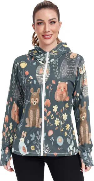 Cute Animals Owl Bear Rabbit Sun Hoodie Upf 50 , Long Sleeve Zip up Hiking Hoodie Women