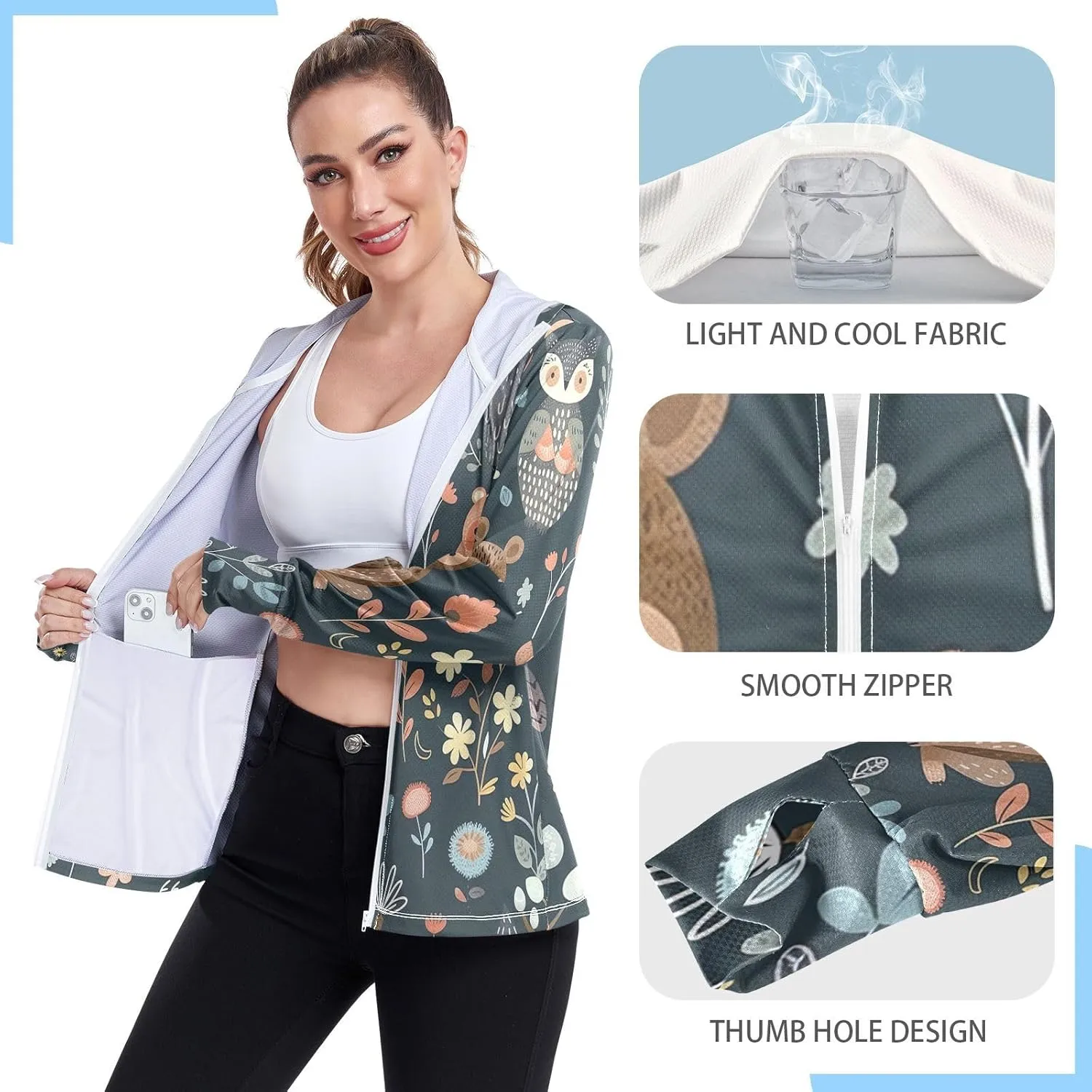 Cute Animals Owl Bear Rabbit Sun Hoodie Upf 50 , Long Sleeve Zip up Hiking Hoodie Women