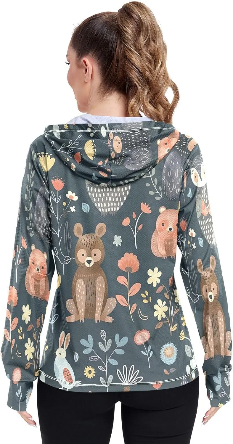 Cute Animals Owl Bear Rabbit Sun Hoodie Upf 50 , Long Sleeve Zip up Hiking Hoodie Women
