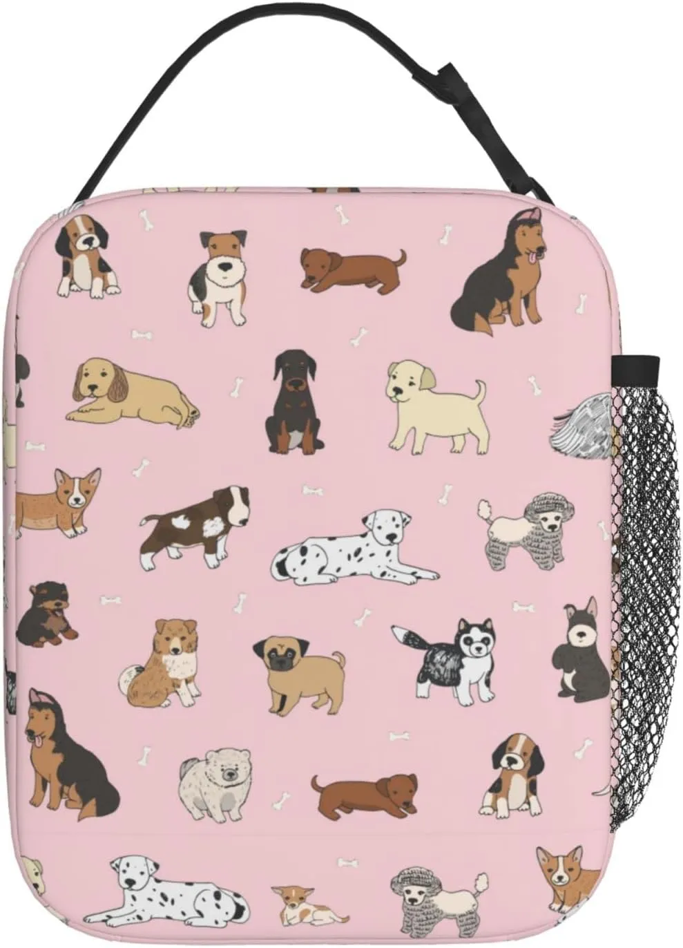 Cute Dogs Animals Pink Background Lunch Bag Insulated Portable Reusable Lunch Box With Zipper For Picnic Work Office Travel School
