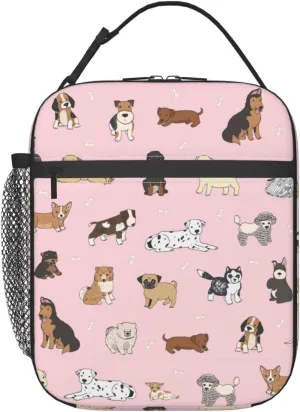 Cute Dogs Animals Pink Background Lunch Bag Insulated Portable Reusable Lunch Box With Zipper For Picnic Work Office Travel School