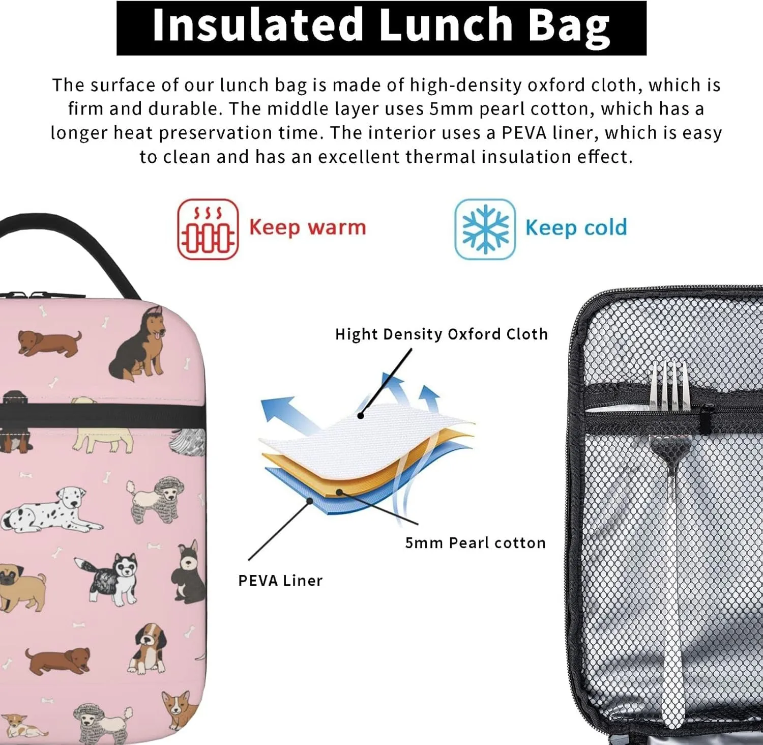Cute Dogs Animals Pink Background Lunch Bag Insulated Portable Reusable Lunch Box With Zipper For Picnic Work Office Travel School