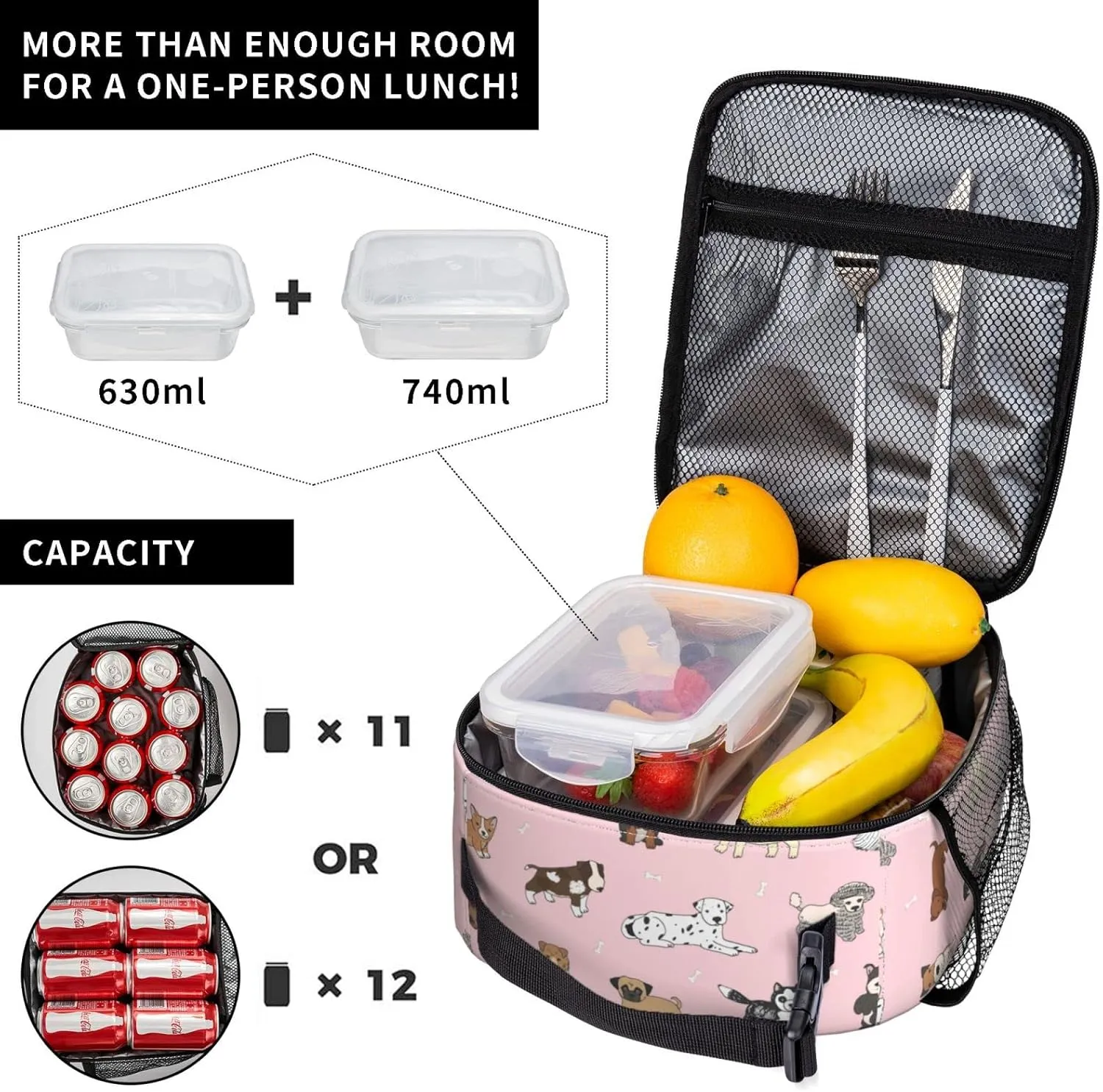 Cute Dogs Animals Pink Background Lunch Bag Insulated Portable Reusable Lunch Box With Zipper For Picnic Work Office Travel School