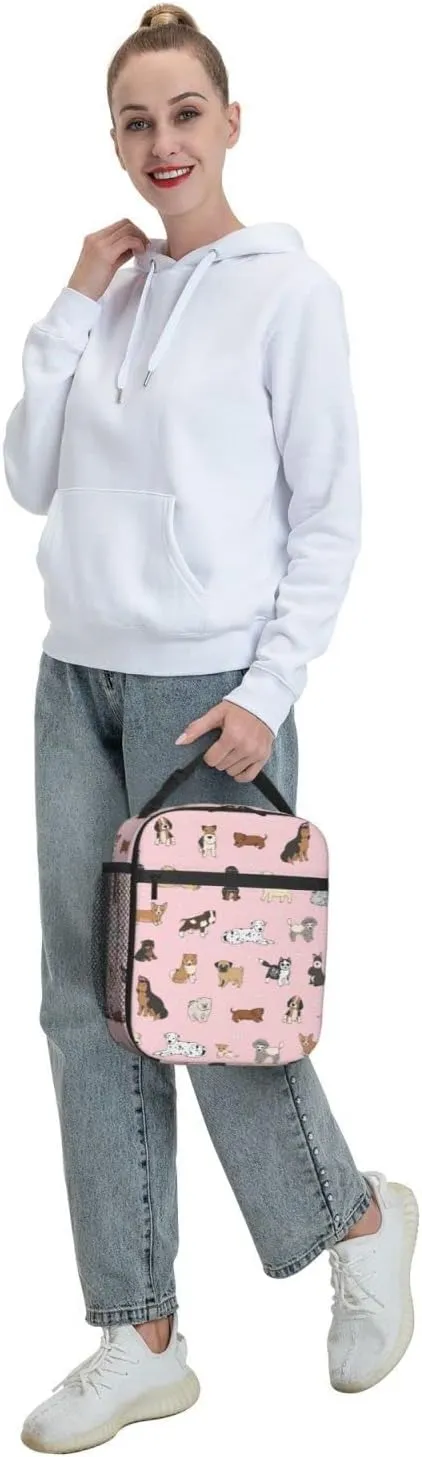Cute Dogs Animals Pink Background Lunch Bag Insulated Portable Reusable Lunch Box With Zipper For Picnic Work Office Travel School