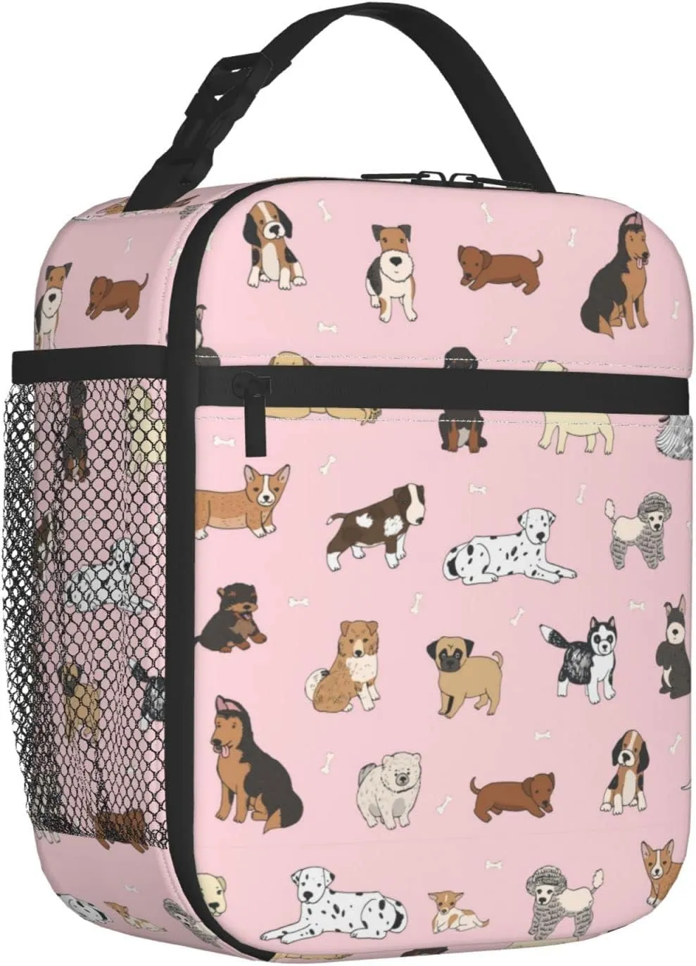 Cute Dogs Animals Pink Background Lunch Bag Insulated Portable Reusable Lunch Box With Zipper For Picnic Work Office Travel School