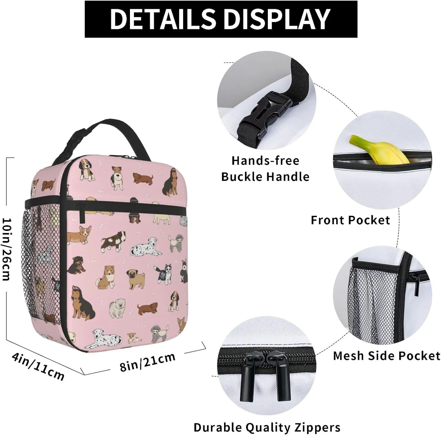 Cute Dogs Animals Pink Background Lunch Bag Insulated Portable Reusable Lunch Box With Zipper For Picnic Work Office Travel School