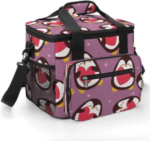 Cute Penguin Holding Heart 22.5L Insulated Camping Coolers Bag Kawaii Style Large Leakproof Ice Chest for Beach Travel Picnic