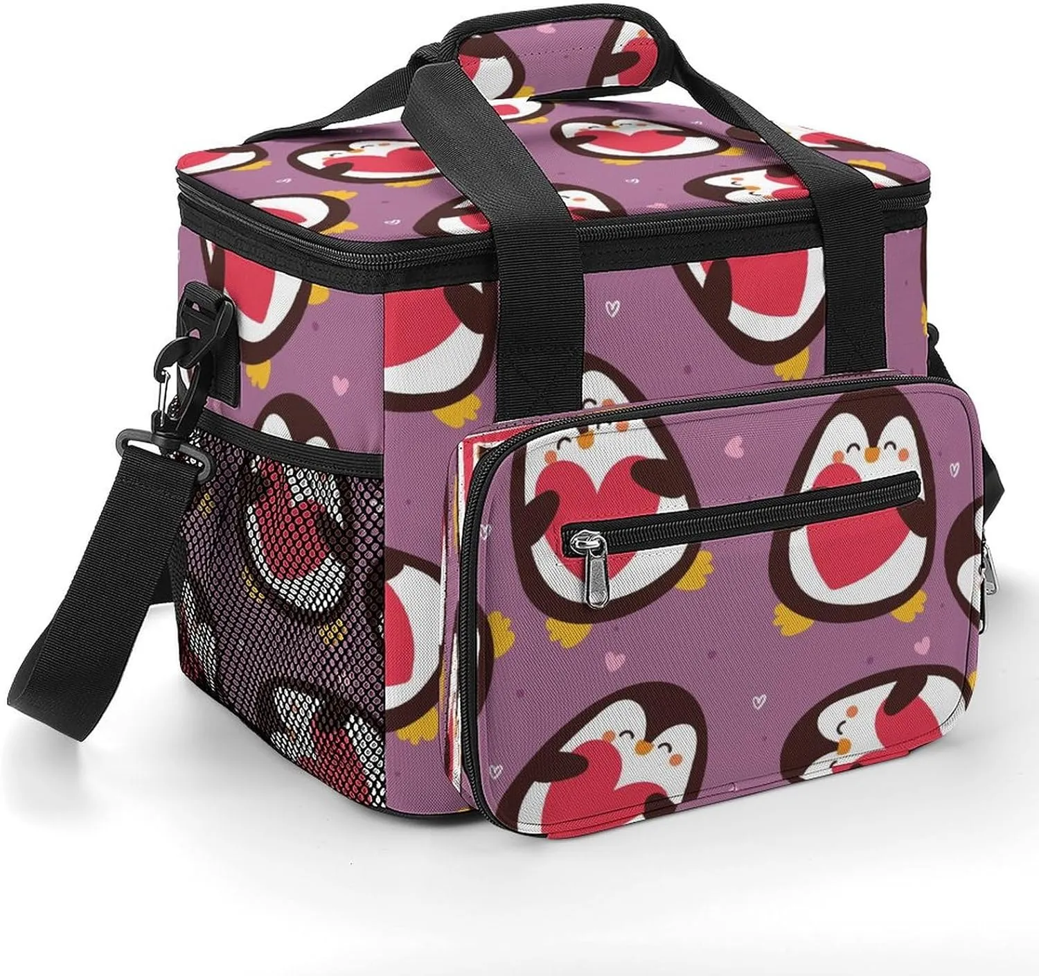 Cute Penguin Holding Heart 22.5L Insulated Camping Coolers Bag Kawaii Style Large Leakproof Ice Chest for Beach Travel Picnic