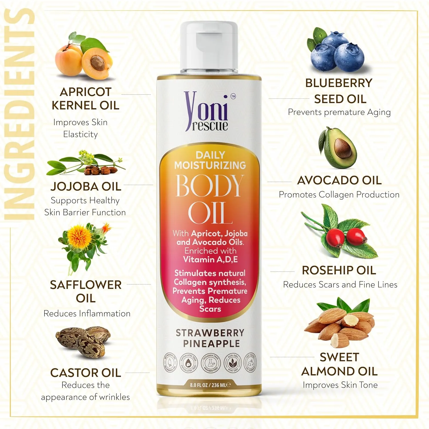 Daily Skin Moisturizing Body Oil with Apricot, Jojoba, Avocado & Vitamin E Oil | Hydrating & Nourishing for all Skin types | After Shower oil 8oz Strawberry Pineapple Scented