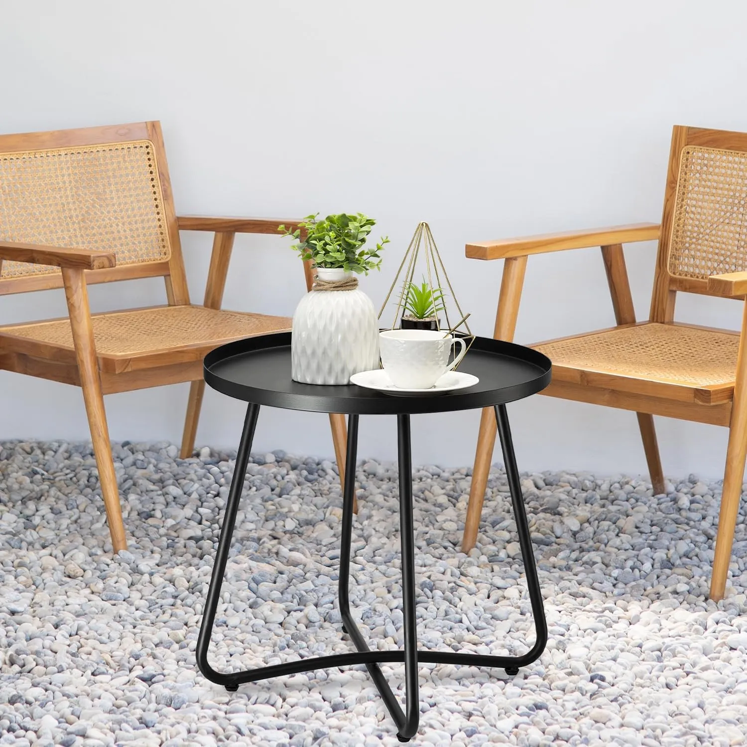 danpinera Outdoor Side Tables, Weather Resistant Steel, Small Round End Table for Patio Yard Balcony Garden Bedside Black