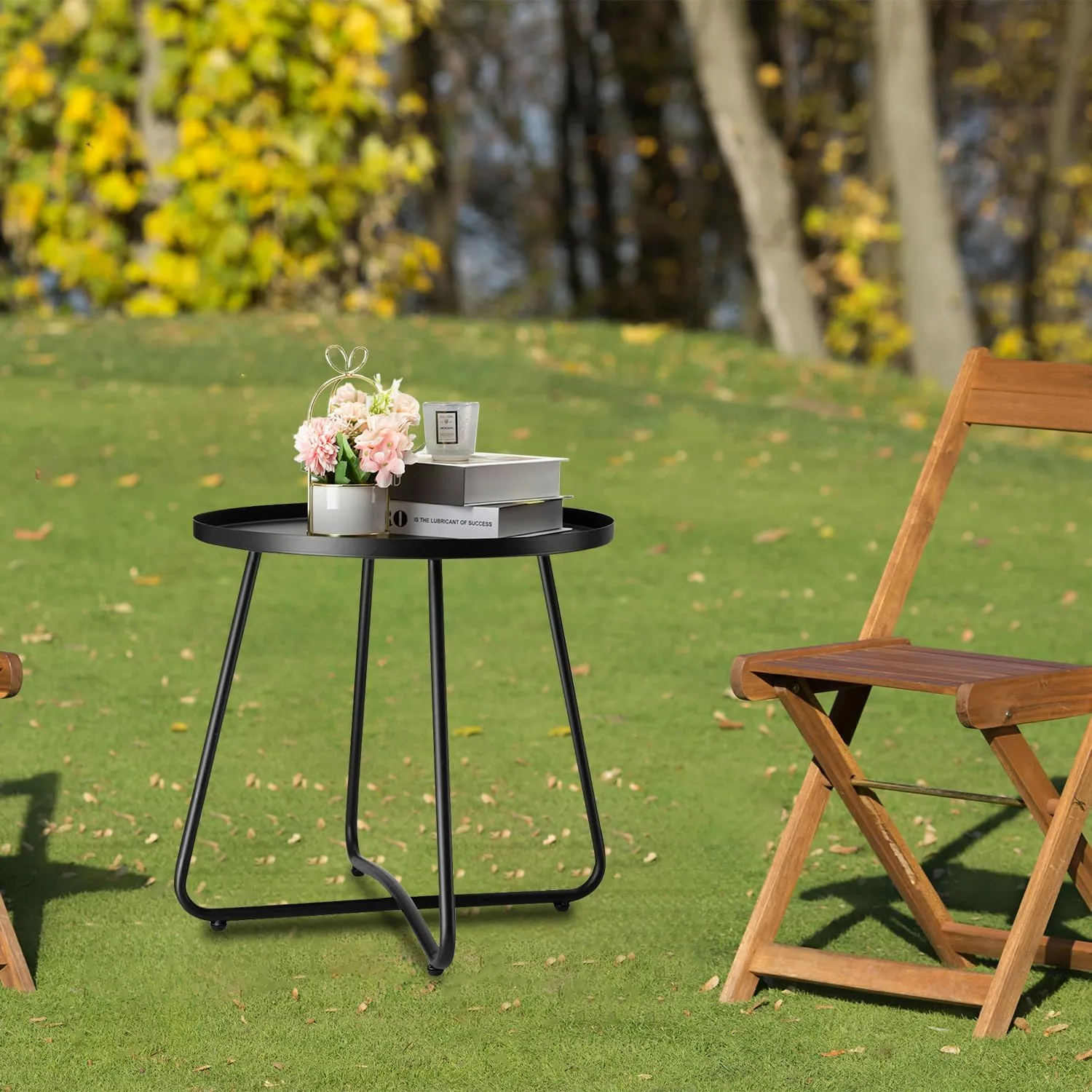 danpinera Outdoor Side Tables, Weather Resistant Steel, Small Round End Table for Patio Yard Balcony Garden Bedside Black