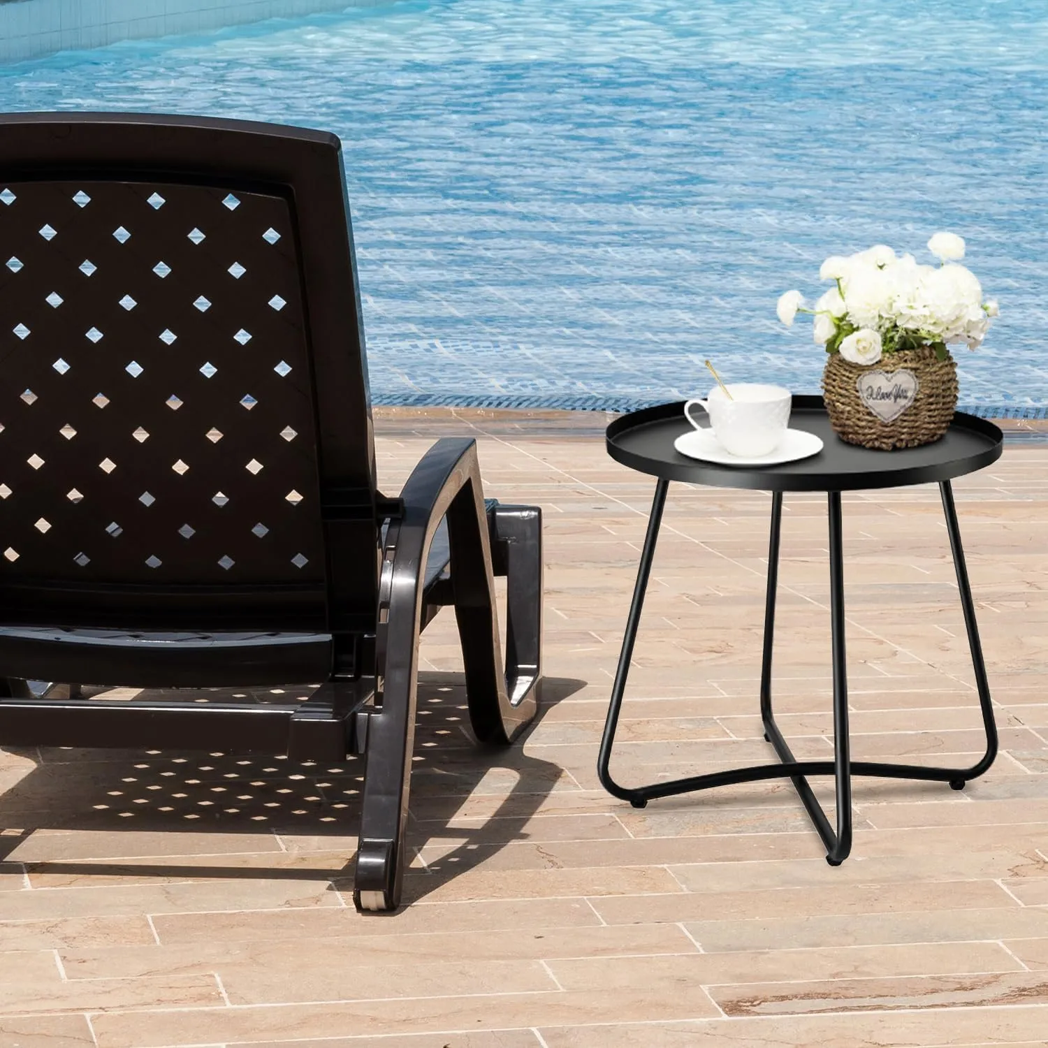 danpinera Outdoor Side Tables, Weather Resistant Steel, Small Round End Table for Patio Yard Balcony Garden Bedside Black