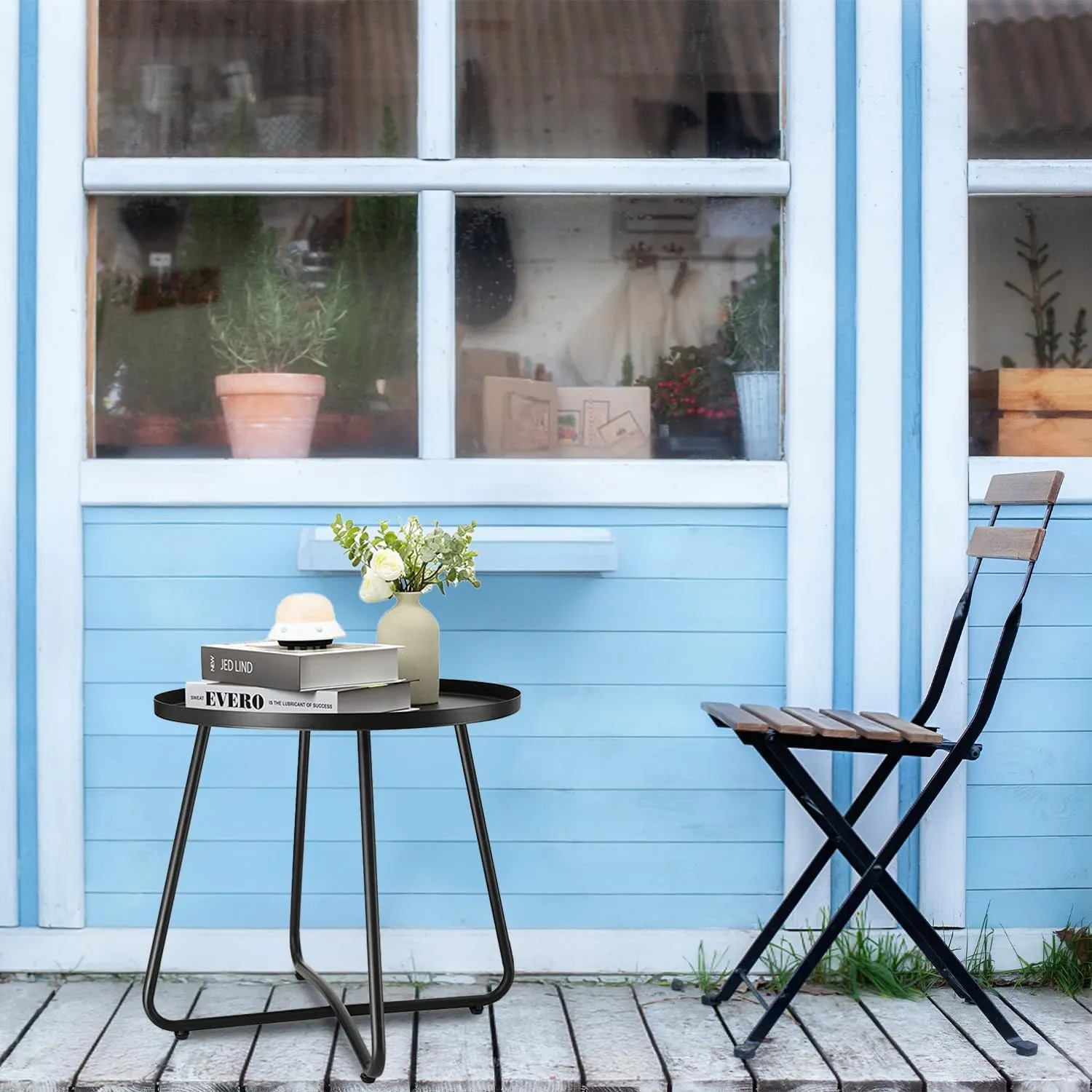 danpinera Outdoor Side Tables, Weather Resistant Steel, Small Round End Table for Patio Yard Balcony Garden Bedside Black