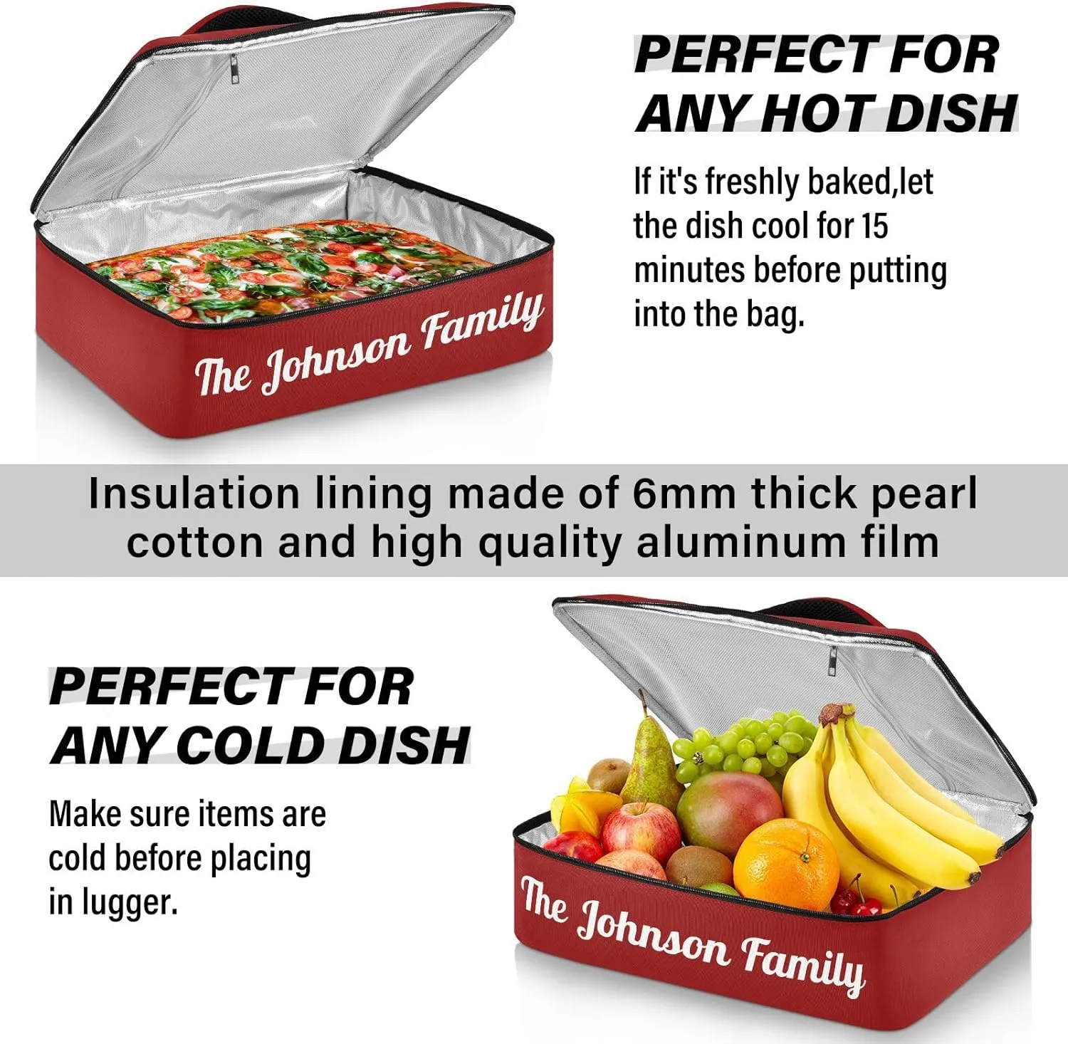 Dark Red Custom Casserole Carrier Bag for Hot&Cold Food Personalized Insulated Food Dish Bag Tote for Cookouts Picnic