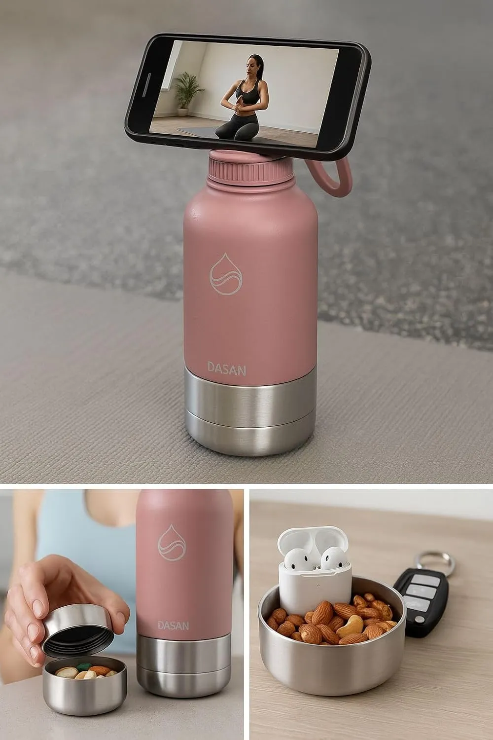 DASAN 3 in 1 Gym Water Bottle with Phone Holder & Pill Storage | Magnetic MagSafe Tripod Mount, Hidden Compartment | Insulated Stainless Steel | Leakproof - BPA Free | Funny Stickers Included | 32 Oz