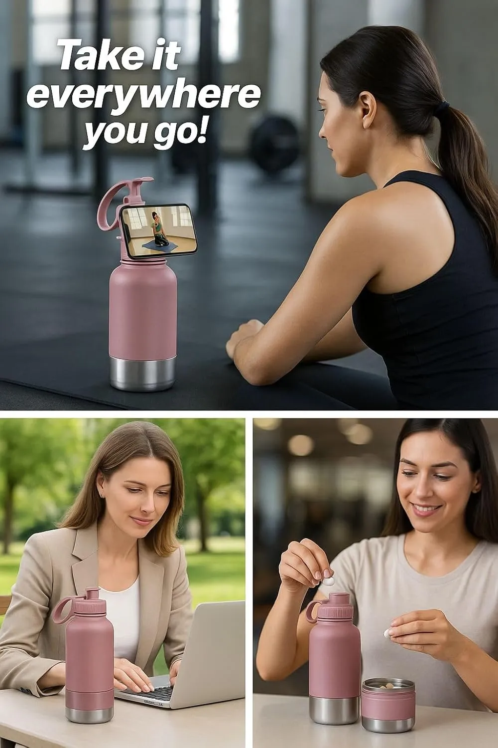 DASAN 3 in 1 Gym Water Bottle with Phone Holder & Pill Storage | Magnetic MagSafe Tripod Mount, Hidden Compartment | Insulated Stainless Steel | Leakproof - BPA Free | Funny Stickers Included | 32 Oz