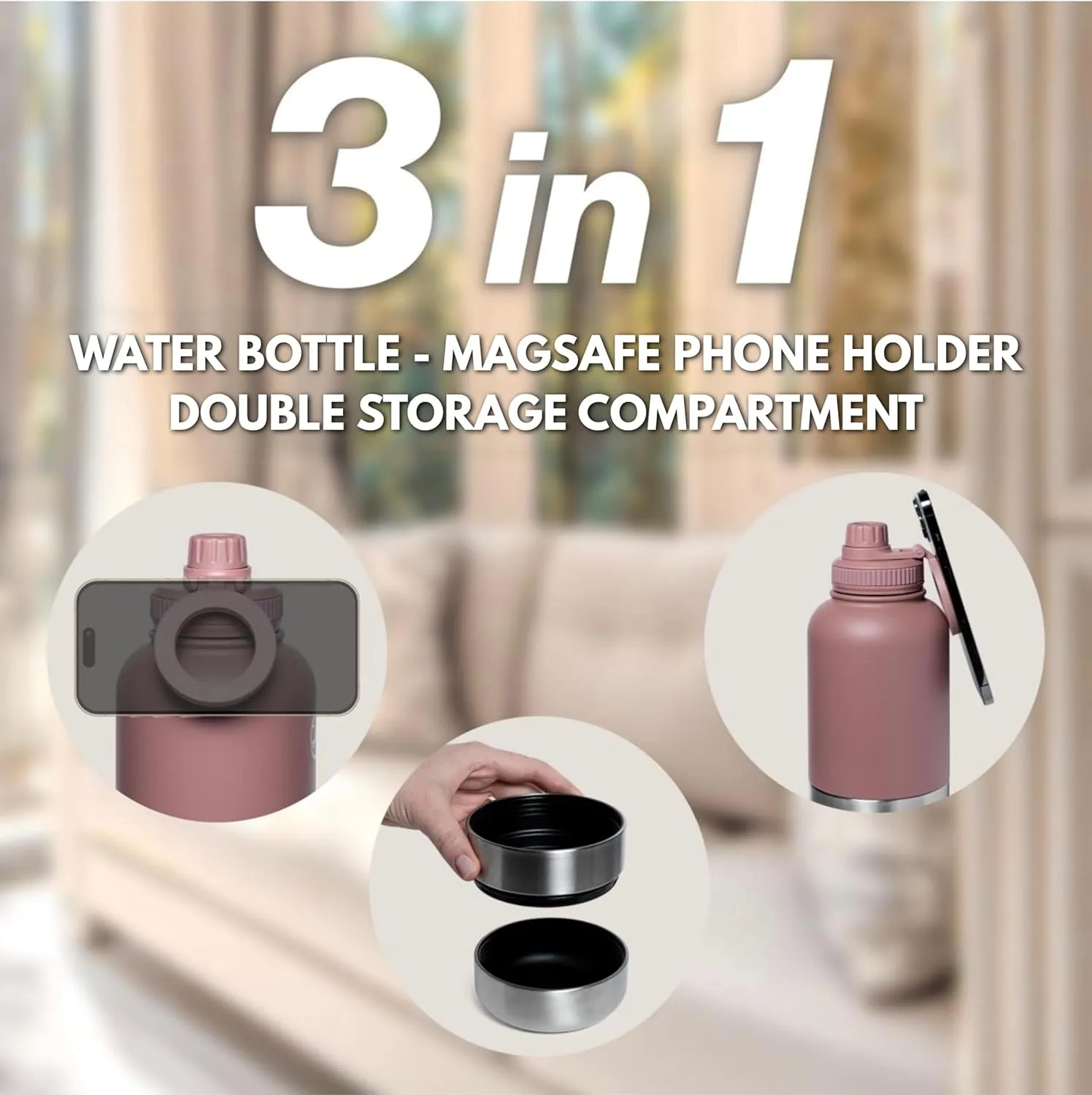 DASAN 3 in 1 Gym Water Bottle with Phone Holder & Pill Storage | Magnetic MagSafe Tripod Mount, Hidden Compartment | Insulated Stainless Steel | Leakproof - BPA Free | Funny Stickers Included | 32 Oz