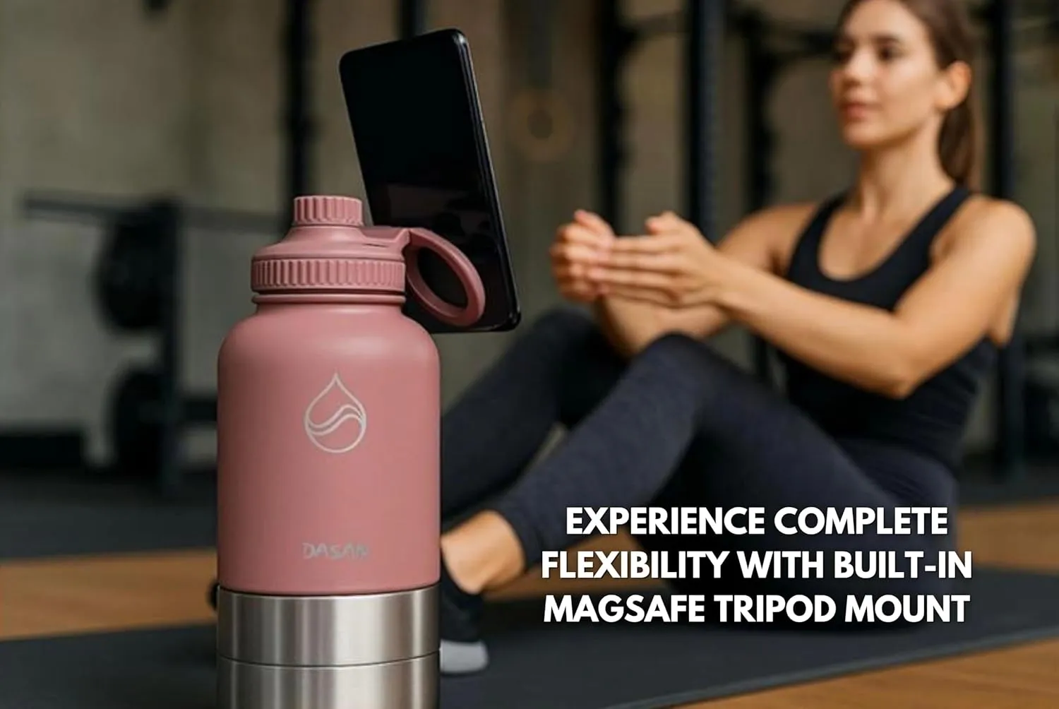 DASAN 3 in 1 Gym Water Bottle with Phone Holder & Pill Storage | Magnetic MagSafe Tripod Mount, Hidden Compartment | Insulated Stainless Steel | Leakproof - BPA Free | Funny Stickers Included | 32 Oz