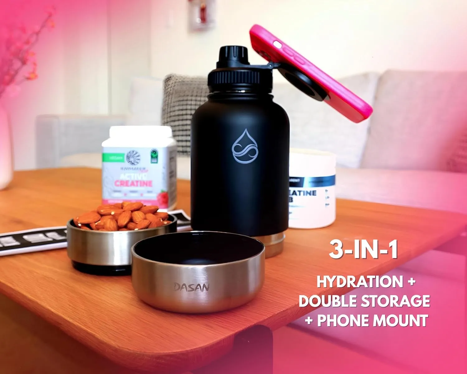 DASAN 3 in 1 Gym Water Bottle with Phone Holder & Pill Storage | Magnetic MagSafe Tripod Mount, Hidden Compartment | Insulated Stainless Steel | Leakproof - BPA Free | Funny Stickers Included | 32 Oz