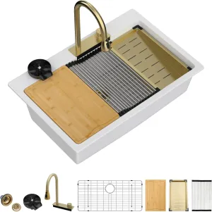 Dcolora 33x22 Waterfall Smart Kitchen Sink Workstation White Drop In Single Bowl Multifunctional Sink With Faucet And Cup Washer,33 Inch Granite Composite DC-GWT7433FY