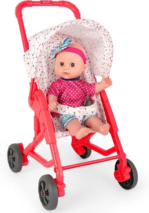 deAO Baby Doll Stroller, 13 inch Pink Dolls Pretend Play Set with Foldable Stroller Accessories Soft Babies Dolls Birthday Gifts for Age 3 4 5 6 7 8 9 Girls Kids Toddlers