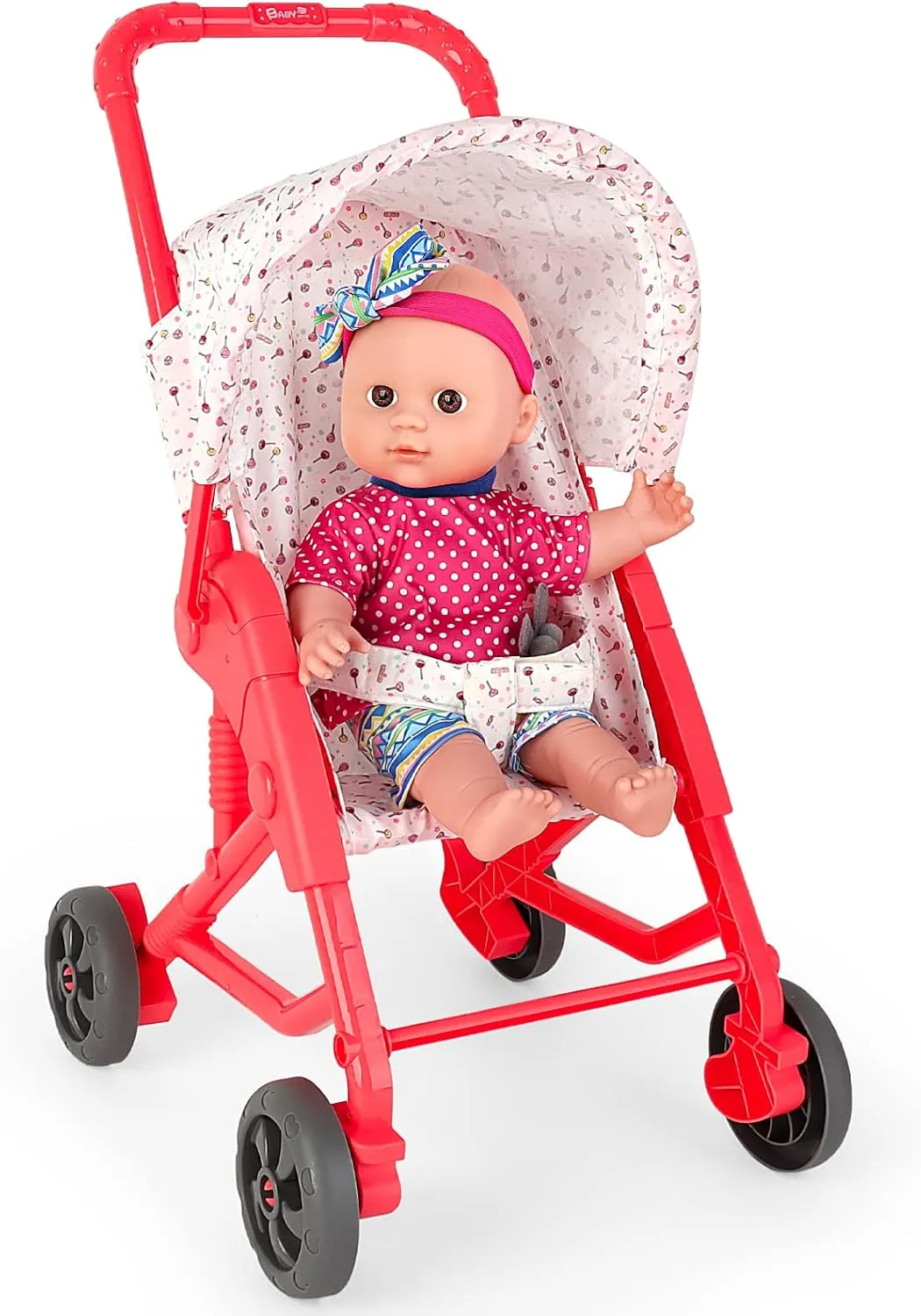 deAO Baby Doll Stroller, 13 inch Pink Dolls Pretend Play Set with Foldable Stroller Accessories Soft Babies Dolls Birthday Gifts for Age 3 4 5 6 7 8 9 Girls Kids Toddlers