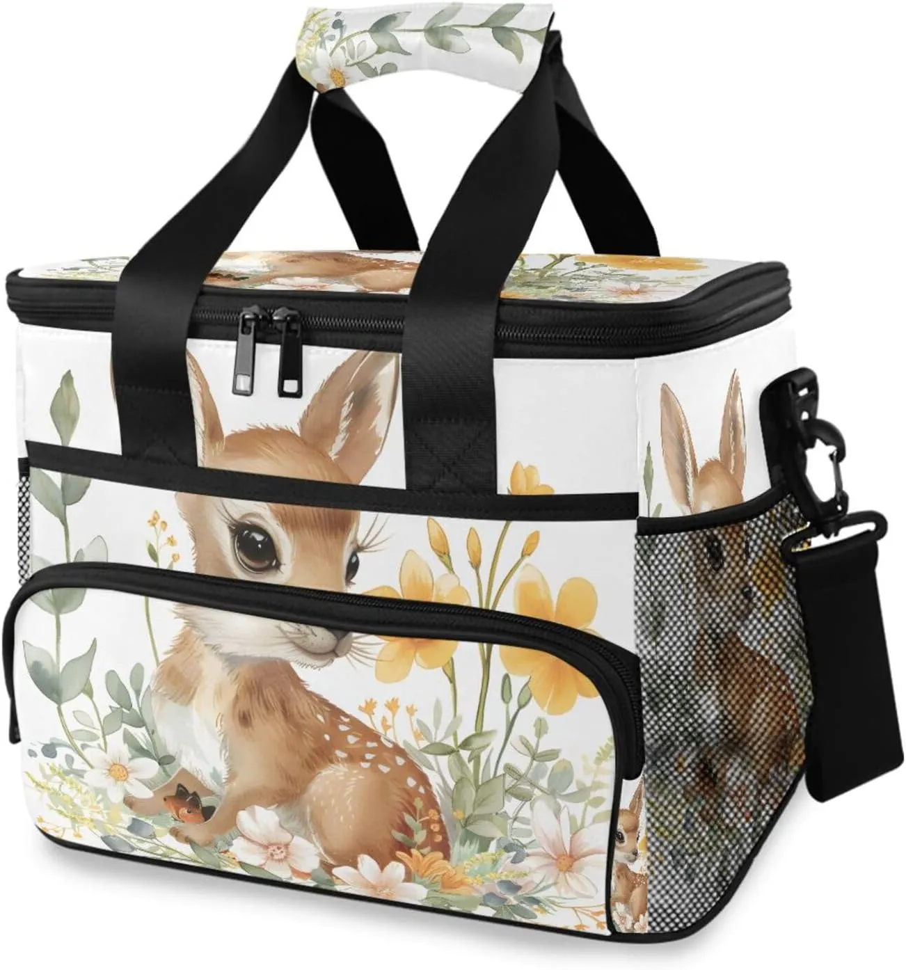 Deer Flower Watercolor Cooler Bag Insulated Cooler Soft Sided Cooler 24 Can Portable Picnic Bag Large Leakproof Lunch Bag Box for Beach Grocery Camping Travel Car Men Women