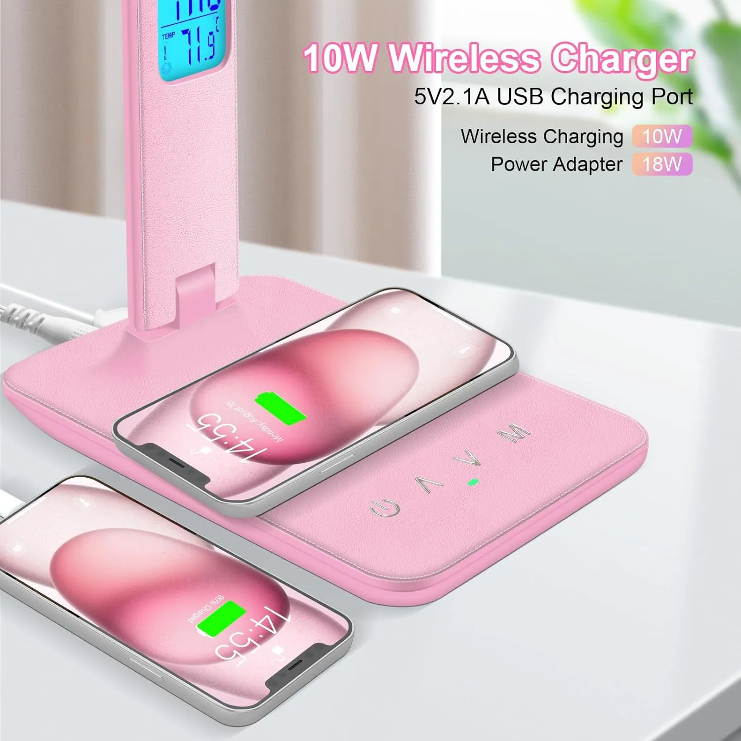 Desk Lamp with Wireless Charger, USB Charging Port, Dimmable Office Desk Light with Clock, Alarm, Date, Temperature, Foldable Lamp for Table Bedroom Bedside Office (Pink)