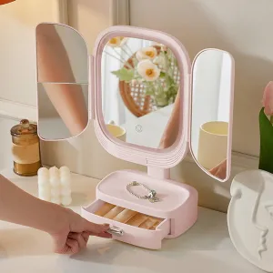 Desktop Mirror Foldable Table Mirror Rotatable Portable Makeup Mirror with LED Light Multi Functional Bedroom Mirror Makeup Mirror with Storage Drawer LED Makeup Mirror for Bedroom, Dormitory