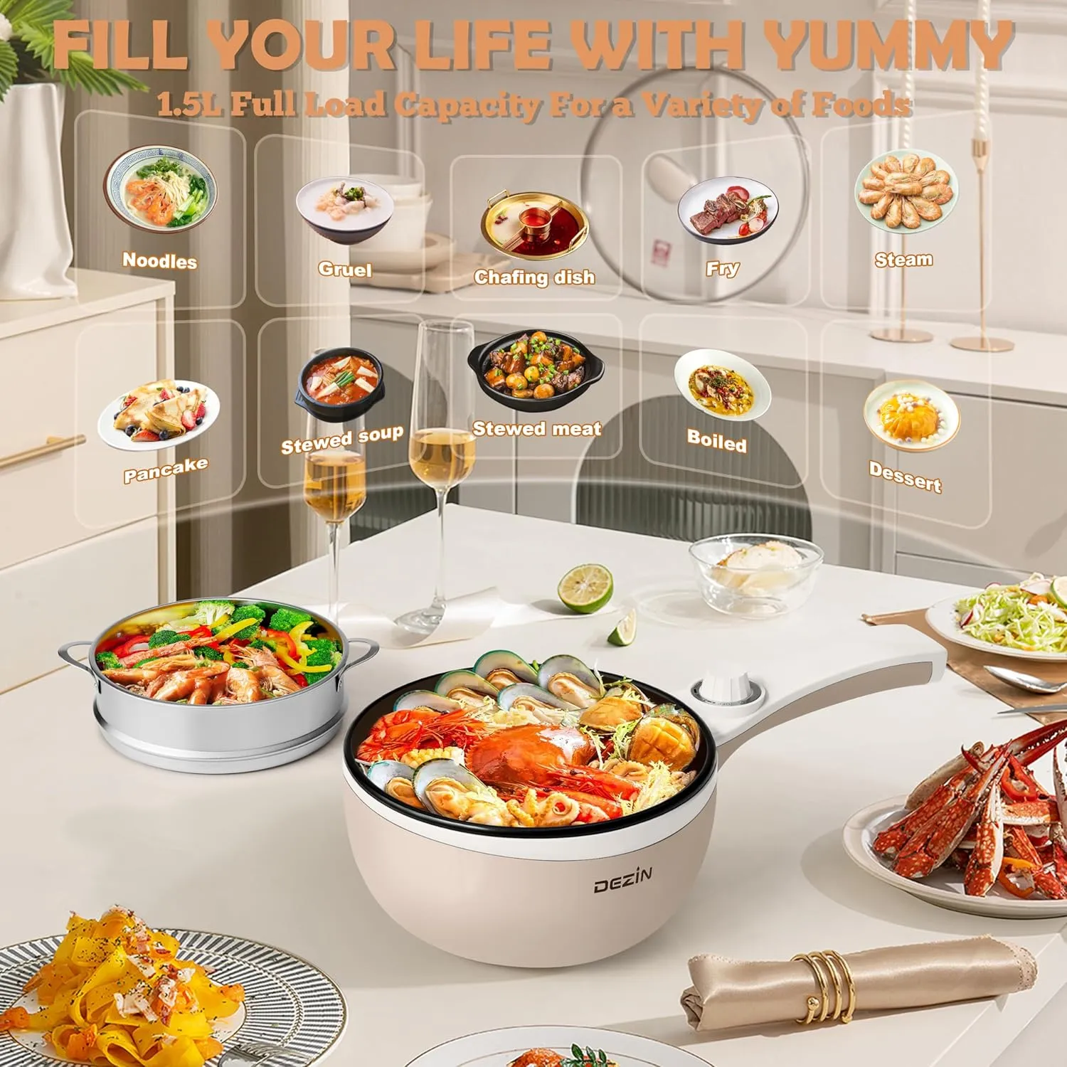 Dezin Hot Pot Electric with Steamer Upgraded, Non-Stick Sauté Pan, Rapid Noodles Electric Pot, 1.5L Mini Pot for Steak, Egg, Fried Rice, Ramen, Oatmeal, Soup with Power Adjustment