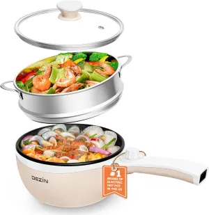 Dezin Hot Pot Electric with Steamer Upgraded, Non-Stick Sauté Pan, Rapid Noodles Electric Pot, 1.5L Mini Pot for Steak, Egg, Fried Rice, Ramen, Oatmeal, Soup with Power Adjustment
